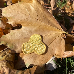 May include: A small, yellow and white, three-lobed patch, possibly a decorative applique, rests on a large, dried brown leaf. The leaf is surrounded by other fallen leaves, suggesting an autumn theme. The patch has a textured appearance.