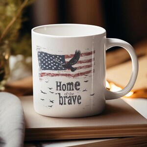 Patriotic Ceramic Coffee Mug: USA Flag, Home of the Brave