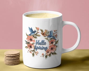 Keramische mok Hello Spring: koffiekopje bloemen, cadeau tuinman