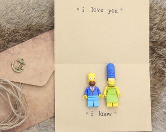 Hand Stamped Greeting Card Best Personalized Gift - Happy Valentine's Anniversary I Love You, I know Homer and Marge Minifigure Card