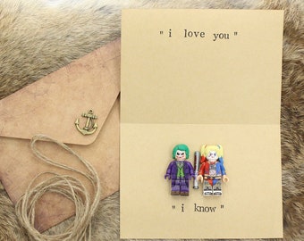 Hand Stamped Greeting Card Best Personalized Gift - Happy Valentine's Anniversary I Love You, I know Joker and Harley Minifigure Card