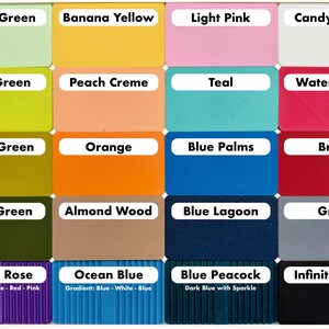 May include: A color chart featuring 20 color swatches with labels. Colors include Pastel Green, Banana Yellow, Light Pink, Candy White, Lime Green, Peach Creme, Teal, Watermelon, Army Green, Orange, Blue Palms, Brick, Olive Green, Almond Wood, Blue Lagoon, Gray, Purple Rose, Ocean Blue, Blue Peacock, and Infinite Black.