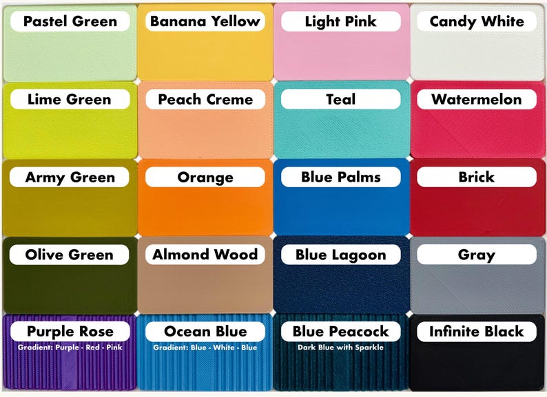 May include: A color chart featuring 20 color swatches with labels. Colors include Pastel Green, Banana Yellow, Light Pink, Candy White, Lime Green, Peach Creme, Teal, Watermelon, Army Green, Orange, Blue Palms, Brick, Olive Green, Almond Wood, Blue Lagoon, Gray, Purple Rose, Ocean Blue, Blue Peacock, and Infinite Black.