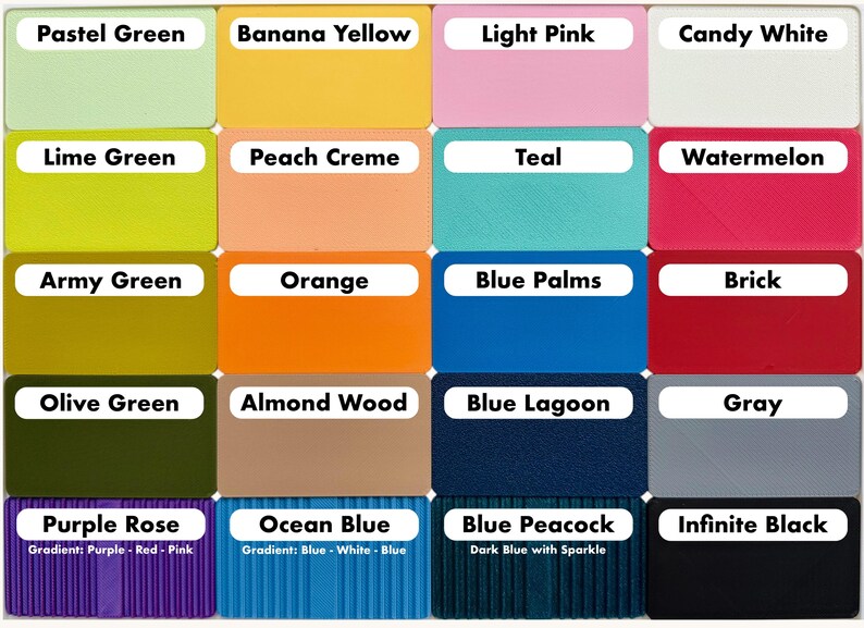 Puede incluir: Una carta de colores con 20 muestras de colores diferentes. Cada muestra tiene un nombre de color &uacute;nico en un rect&aacute;ngulo blanco encima. Los colores incluyen Verde Pastel, Amarillo Pl&aacute;tano, Rosa Claro, Blanco Caramelo, etc.