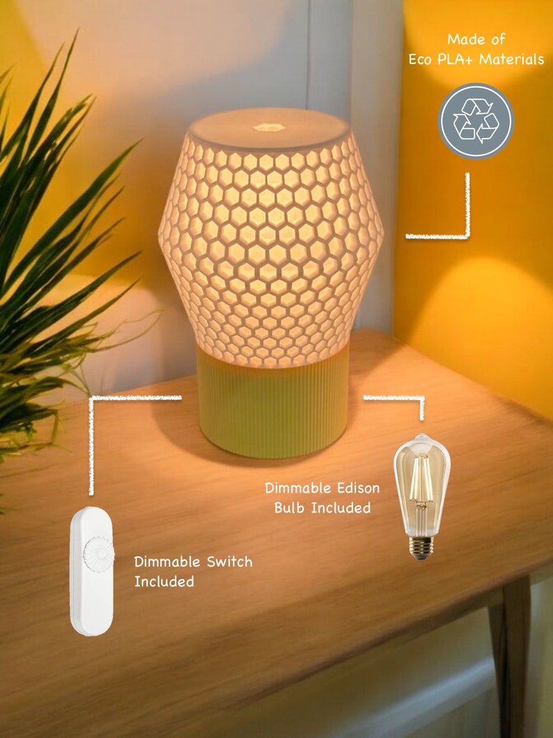 Honeycomb 3D Printed Lamp, Edison Lamp, Groovy Lamp, Cool Lamp, Colorful Lamp, Warm Glow Lamp, Mood Lamp, Side Table Lamp, Small Lamp, Bedside Lamp, Cool Lamp, Groovy Lamp, Colorful Lamp, Custom Lamp, Gift Lamp, 3D Printed Cool Gift, Edison Bulb Lamp