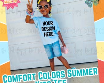 Girls Youth Summer Comfort Colors Chambrey Blue Digital Mock Up - Diversity African American Model Mock Up - Girls Spring Tee