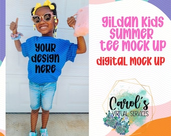 Girls Youth Summer Gildan Royal Blue Digital Mock Up - Diversity African American Model Mock Up - Ethnic Girls Summer Neon Tee