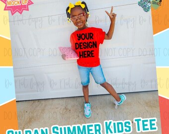 Girls Youth Summer Gildan Red Digital Mock Up - Diversity African American Model Mock Up - Girls Spring Tee