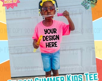 Girls Youth Summer Gildan Hot Pink Digital Mock Up - Diversity African American Model Mock Up - Girls Spring Tee