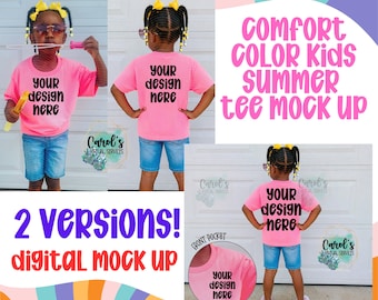 Girls Youth Summer Comfort Color Front Back Hot Pink Digital Mock Up - Diversity African American Model Mock Up - Girls Summer Neon Tee