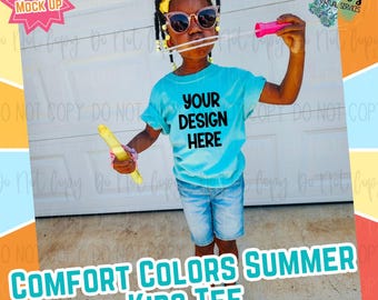 Girls Youth Summer Comfort Colors Lagoon Blue Digital Mock Up - Diveristy African American Model Mock Up - Girls Spring Tee