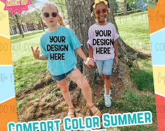 Girls Youth Summer Comfort Colors Group Digital Mock Up - Diveristy African American Model Mock Up - Girls Spring Tee - Double Mock