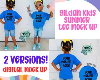 Girls Youth Summer Gildan Royal Blue Digital Mock Up Front Back - Diversity African American Model Mock Up - Ethnic Girls Summer Neon Tee