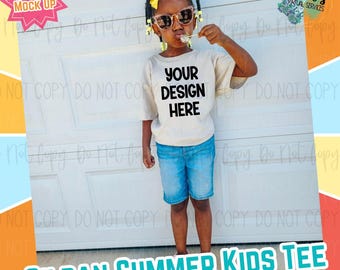 Girls Youth Summer Gildan Sand Neutral Digital Mock Up - Diversity African American Model Mock Up - Girls Spring Tee