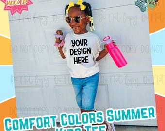 Girls Youth Summer Comfort Colors Ivory Digital Mock Up - Diversity African American Model Mock Up - Girls Spring Tee
