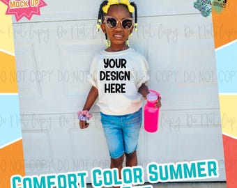Girls Youth Summer Comfort Colors Ivory Digital Mock Up - Diversity African American Model Mock Up - Girls Spring Tee