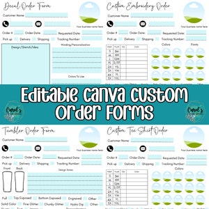 Puede incluir: Formularios de pedido Canva editables para calcomanías, vasos, bordados y camisetas personalizadas. Los formularios incluyen campos para el nombre del cliente, el número de pedido, la fecha del pedido, la fecha solicitada, el número de seguimiento, las notas de diseño, los colores y las fuentes.