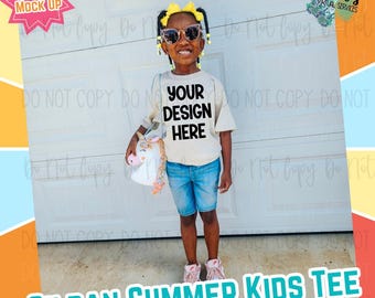 Girls Youth Summer Gildan Sand Neutral Digital Mock Up - Diversity African American Model Mock Up - Girls Spring Tee