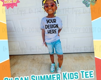 Girls Youth Summer Gildan Athletic Grey Digital Mock Up - Diversity African American Model Mock Up - Ethnic Girls Spring Tee