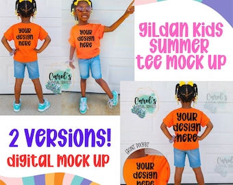 Girls Youth Summer Gildan Orange Digital Mock Up - Diversity African American Model Mock Up - Girls Spring Tee