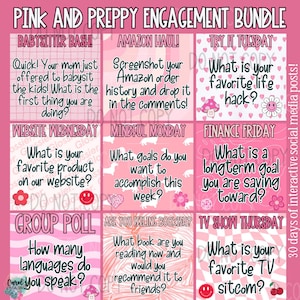 Puede incluir: Paquete de compromiso rosa y preppy con 10 ideas diferentes de publicaciones en redes sociales. Cada idea de publicación está en un fondo rosa con un diseño y texto diferentes. El texto incluye preguntas para hacer a tus seguidores, como "¿Cuál es tu producto favorito en nuestro sitio web?" y "¿Cuál es tu truco de vida favorito?"