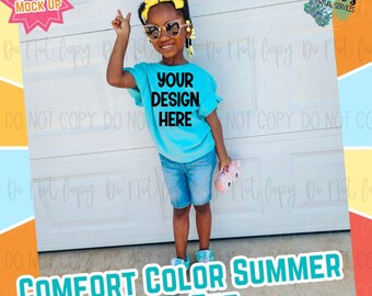 Girls Youth Summer Comfort Colors Lagoon Blue Digital Mock Up - Diveristy African American Model Mock Up - Girls Spring Tee