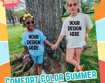 Girls Youth Summer Comfort Colors Group Digital Mock Up - Diveristy African American Model Mock Up - Girls Spring Tee - Double Mock
