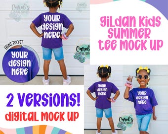 Girls Youth Summer Gildan Front Back Purple Digital Mock Up - Diversity African American Model Mock Up - Girls Summer Neon Tee