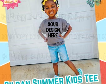 Girls Youth Summer Gildan Charcoal Digital Mock Up - Diveristy African American Model Mock Up - Girls Spring Tee
