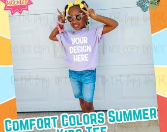 Girls Youth Summer Comfort Colors Lilac Digital Mock Up - Diversity African American Model Mock Up - Girls Spring Tee