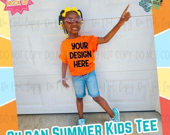 Girls Youth Summer Gildan Orange Digital Mock Up - Diversity African American Model Mock Up - Girls Spring Tee