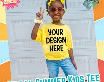 Girls Youth Summer Gildan Yellow Digital Mock Up - Diversity African American Model Mock Up - Girls Spring Tee