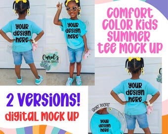 Girls Youth Summer Comfort Colors Lagoon Blue Front Back Digital Mock Up - Diveristy African American Model Mock Up - Girls Spring Tee
