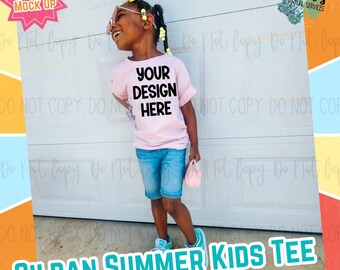 Girls Youth Summer Gildan Light Pink Digital Mock Up - Diversity African American Model Mock Up - Ethnic Girls Spring Tee