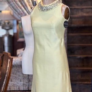 Vintage 1960s Lemon Yellow Sleeveless Party Dress with Beaded Collar