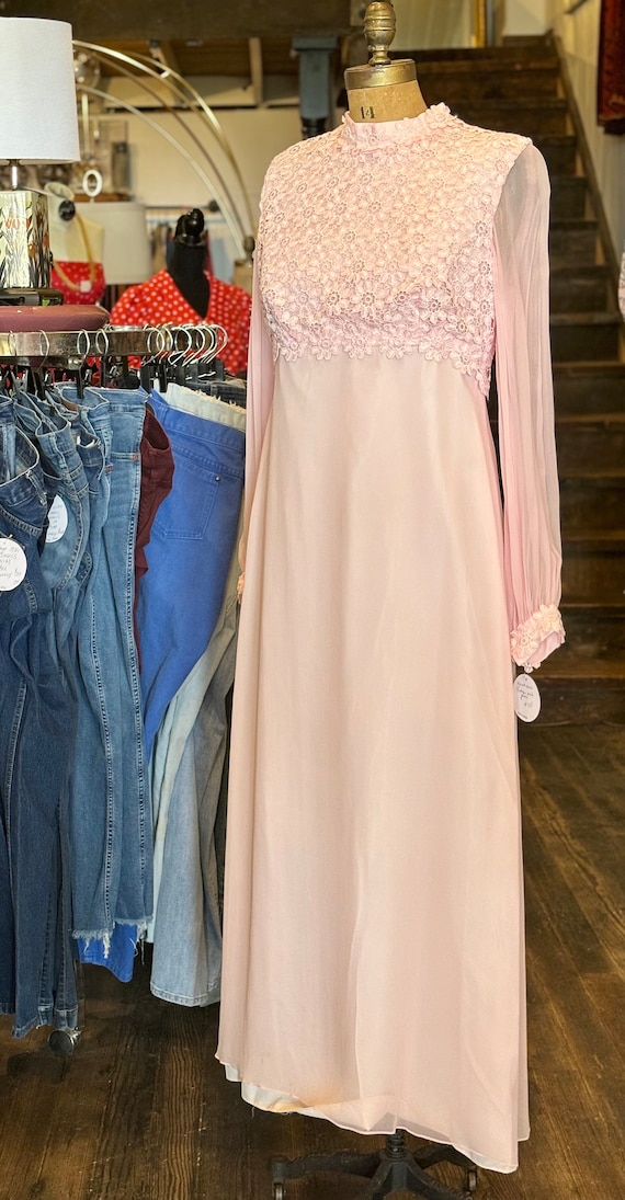 vintage 1960s pink sheer long sleeve maxi dress wi