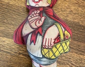 Vintage Cut & Sew Fabric Fairy Tale Pillow Doll Little Red Riding Hood. 13" tall x 8" wide