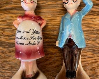 Vintage pair Ceramic Enesco Married Pregnant Couple shakers, Approx 4-1/2" tall