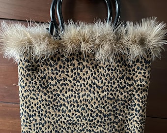 Vintage 'Posh Pouches' Fabric Handbag with Boa Feather trim & Beaded Fringe bottom.