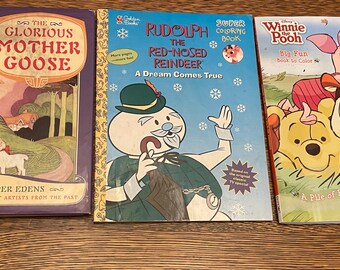 Vintage 2 Coloring Books (Winnie the Pooh & Rudolph) and Mother Goose Hardcover Book