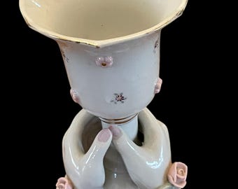 Bone China Two Hands Holding Goblet or Vase with Applied Pink Flowers, 5"T x 3-1/2" wide