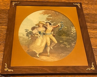 Framed Lithograph of Courtship Couple, 18th-century design by French artist Frederic Schall