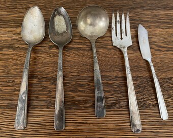 Set of 5 Mixed Serving Pieces, Oneida CAPRI pattern, Silverplate 1881 Wm A Rogers 1935 Oneida Ltd Silverware Flatware
