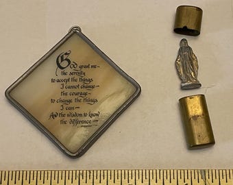 Miniatures LOT G, 2 pcs. Vintage Religious Mini statue in Metal tube and 2" square Stained Glass Plaque