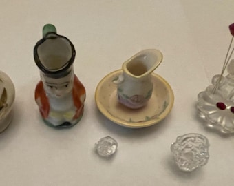 Miniatures LOT F, 8 pcs. Vintage Dollhouse Collectibles, Snowman/Toby Pitcher/Glass Basket & Orb