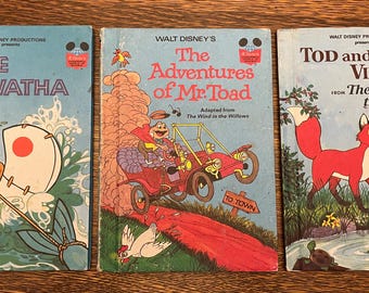 Trio of Vintage Walt Disney Books: Little Hiawatha, Adventures of Mr.Toad, Tod and Vixey