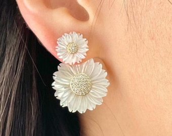 Daisy Flower Ear Jacket Earrings: Mother of Pearl, 14K Gold Plated