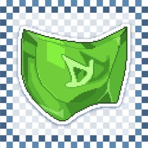Könnte beinhalten: Ein pixeliger, grün schildförmiger Aufkleber mit weißem Rand. Das Schild hat ein hellgrünes Design in der Mitte. Der Hintergrund ist ein kariertes Muster aus blauen und weißen Quadraten.