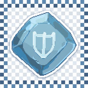 May include: A pixelated, light blue shield icon with a white outline, set against a transparent background with a checkered pattern. The shield has a stylized design in the center, and the overall aesthetic is reminiscent of a digital game asset.