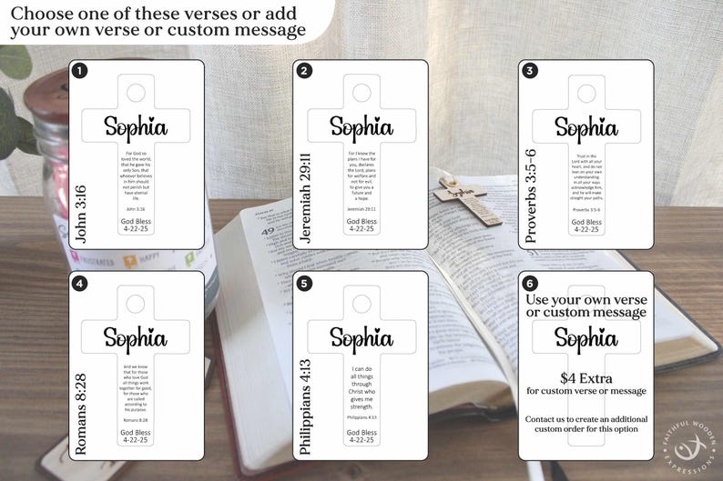 May include: White cross-shaped cards with the name "Sophia" and Bible verses printed on them. The cards are displayed on a wooden surface next to an open book and a small wooden cross. The text "Choose one of these verses or add your own verse or custom message" is at the top.